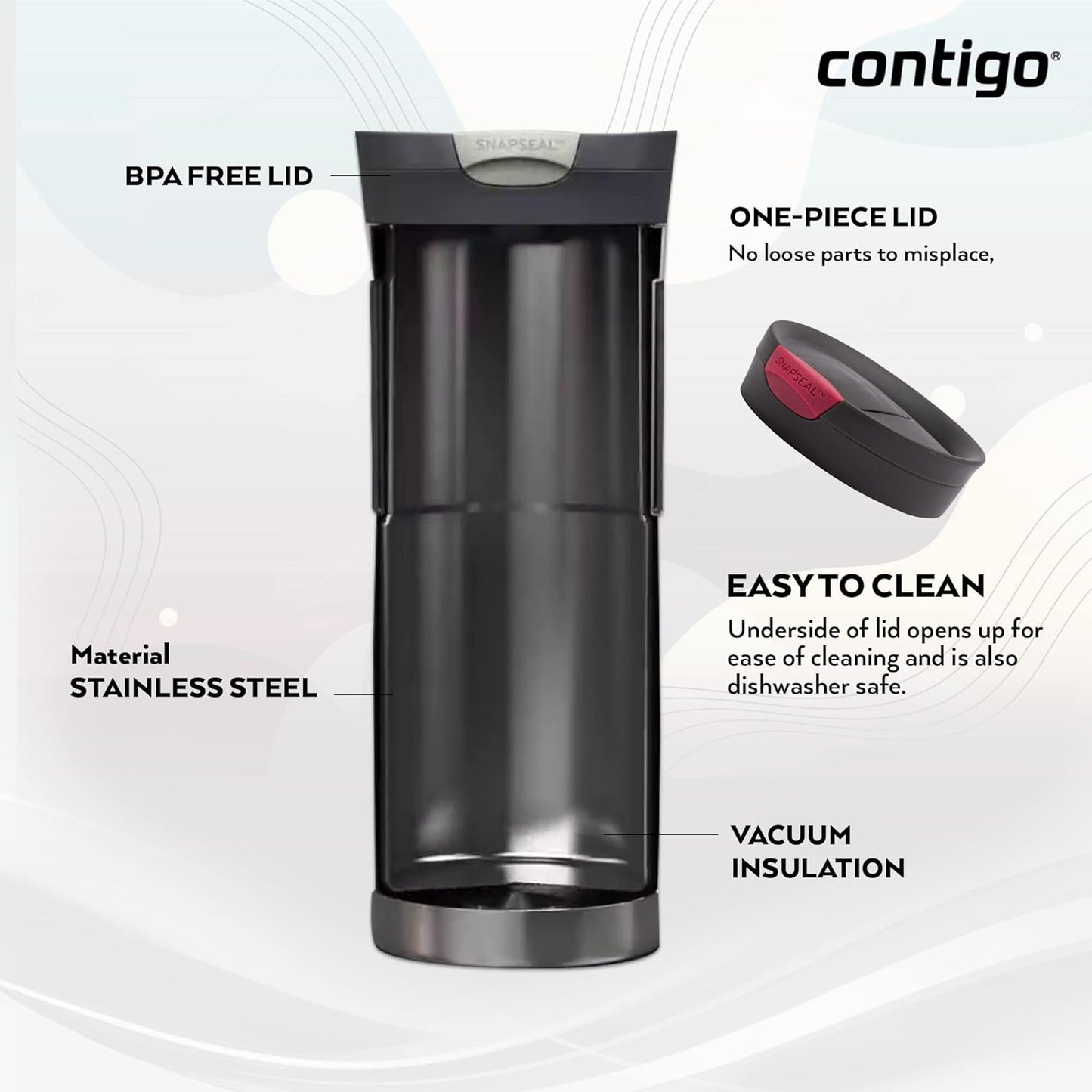 Byron Snapseal Travel Mug, Stainless Steel Thermal Mug, Vacuum Flask, Leakproof Tumbler, Coffee Mug with BPA Free Easy-Clean Lid, 470 ml, Matte Black