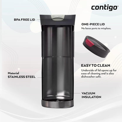 Byron Snapseal Travel Mug, Stainless Steel Thermal Mug, Vacuum Flask, Leakproof Tumbler, Coffee Mug with BPA Free Easy-Clean Lid, 470 ml, Matte Black