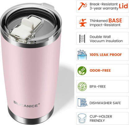 20oz Hygienic Insulated Tumbler — 100% Leakproof Lid with Removable Spout & Straw, Reinforced Vacuum-Protection Base, Cup Holder Friendly, for Iced Coffee, Smoothie/Water on the Go - Pink Sand