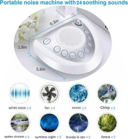 White Noise Machine, Battery Powered Sound Machine, Portable Sleep Machine with 24 Natural Soothing Sounds, Timer, USB Port, Headphone Jack for Baby, Kids, Adults, Travel, Office, Home (Silver)