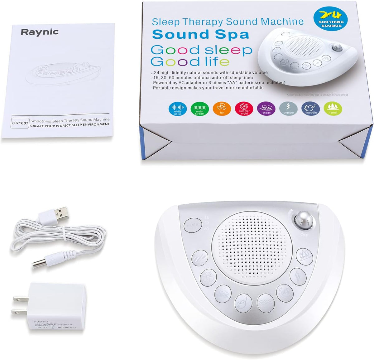 White Noise Machine, Battery Powered Sound Machine, Portable Sleep Machine with 24 Natural Soothing Sounds, Timer, USB Port, Headphone Jack for Baby, Kids, Adults, Travel, Office, Home (Silver)