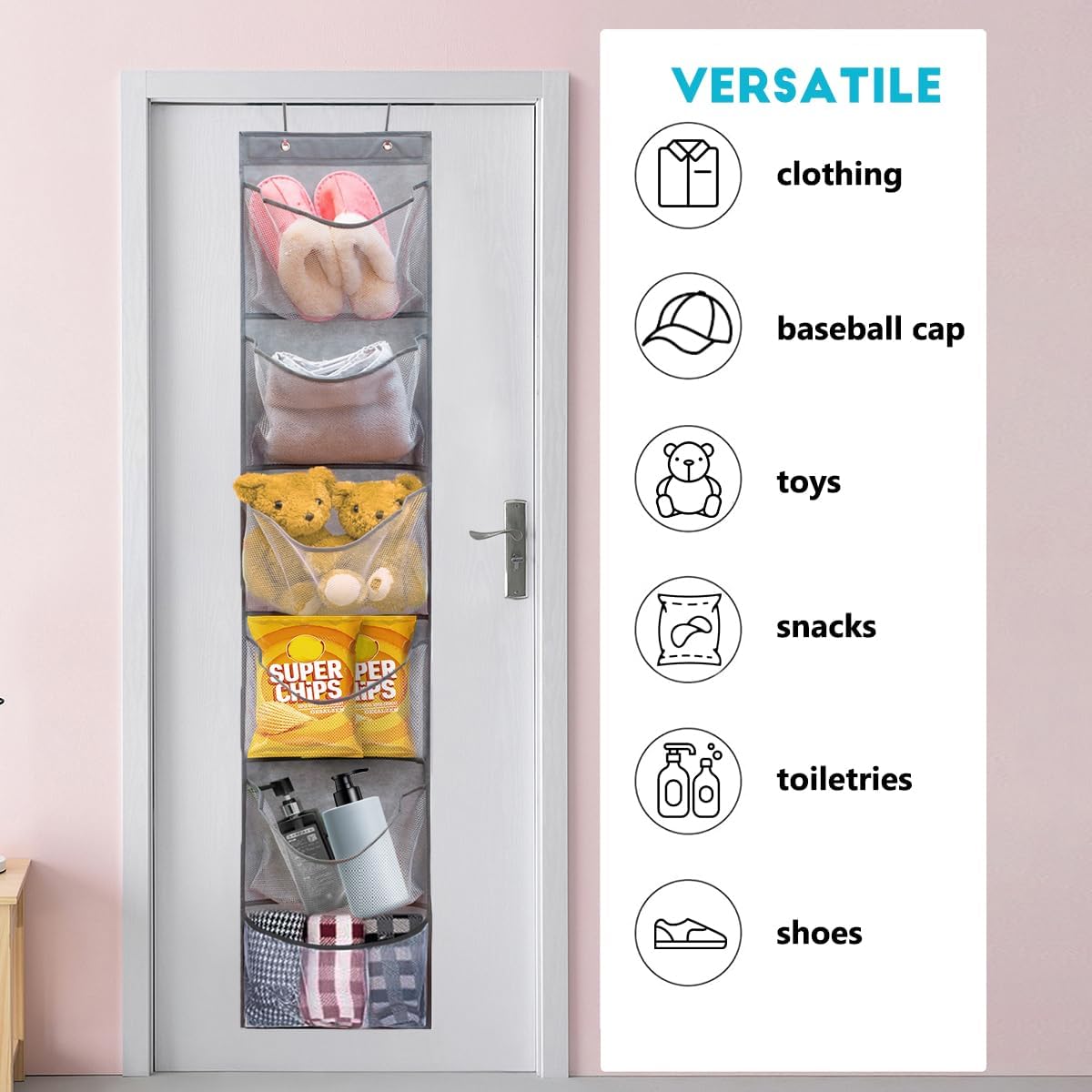 2 Pack Over the Door Shoe Organizer Hanging Stuffed Animals Storage Diaper Holder Clothes Shelve for Closet with 6 Large Pockets (Mesh Pockets - 2 Pack)