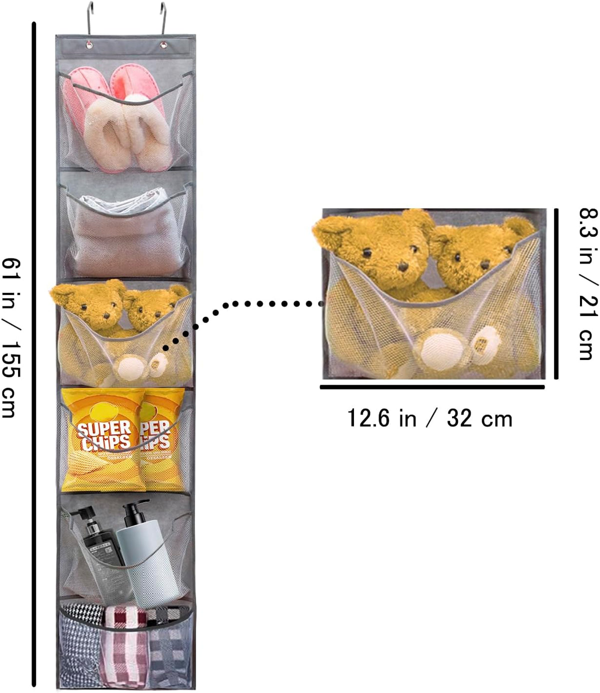 2 Pack Over the Door Shoe Organizer Hanging Stuffed Animals Storage Diaper Holder Clothes Shelve for Closet with 6 Large Pockets (Mesh Pockets - 2 Pack)
