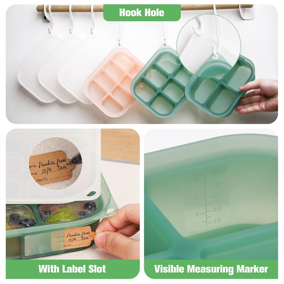 Silicone Baby Food Freezer Tray with Lid - Perfect Storage Container for Homemade Baby Food, Vegetable & Fruit Purees, and Breast Milk, Pea Green