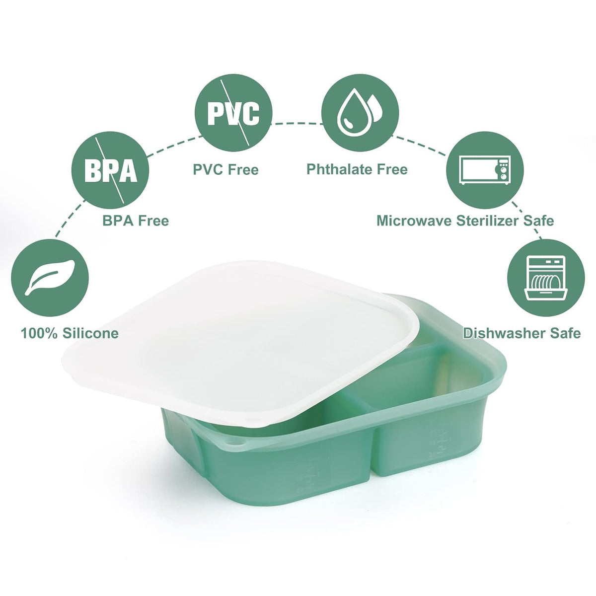 Silicone Baby Food Freezer Tray with Lid - Perfect Storage Container for Homemade Baby Food, Vegetable & Fruit Purees, and Breast Milk, Pea Green