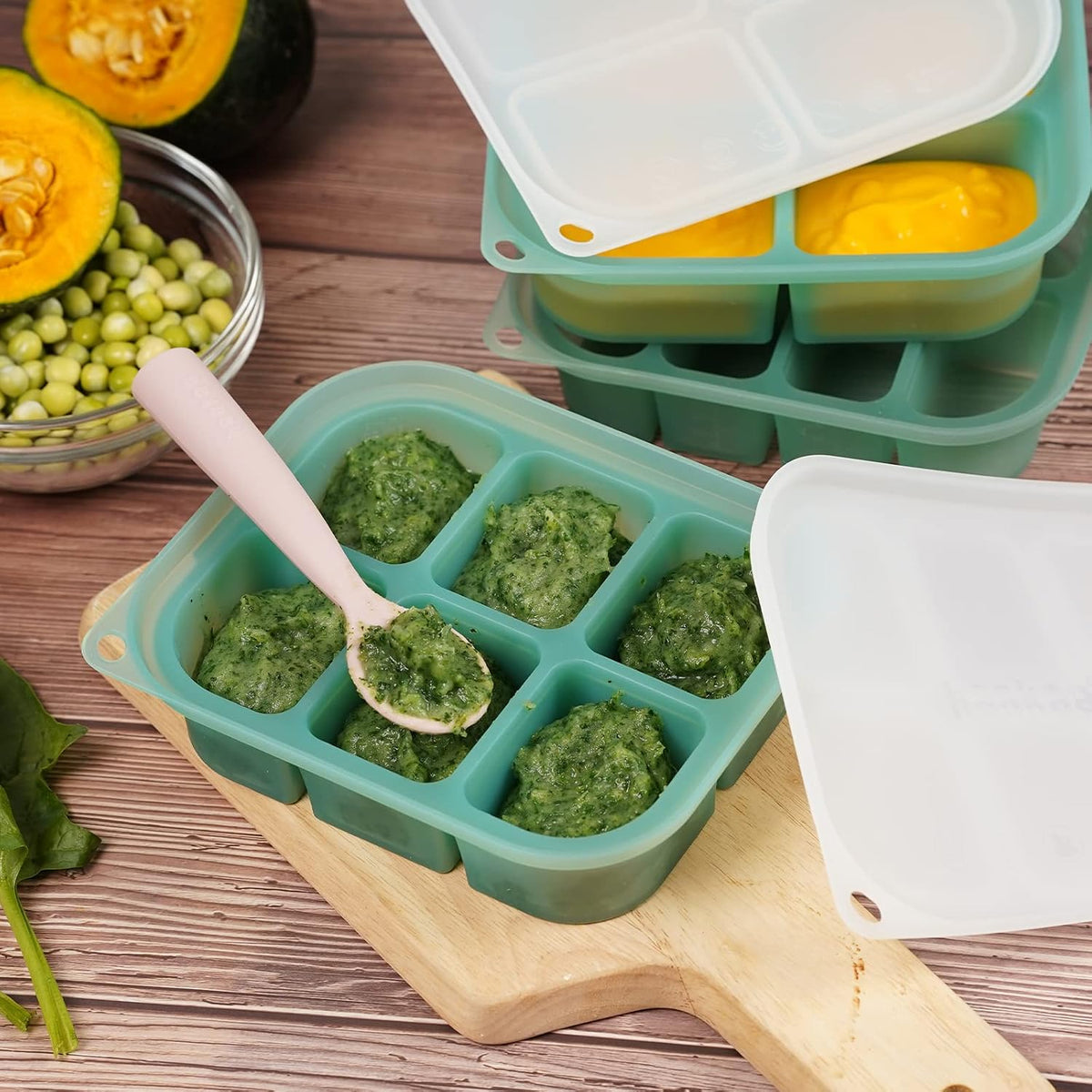 Silicone Baby Food Freezer Tray with Lid - Perfect Storage Container for Homemade Baby Food, Vegetable & Fruit Purees, and Breast Milk, Pea Green