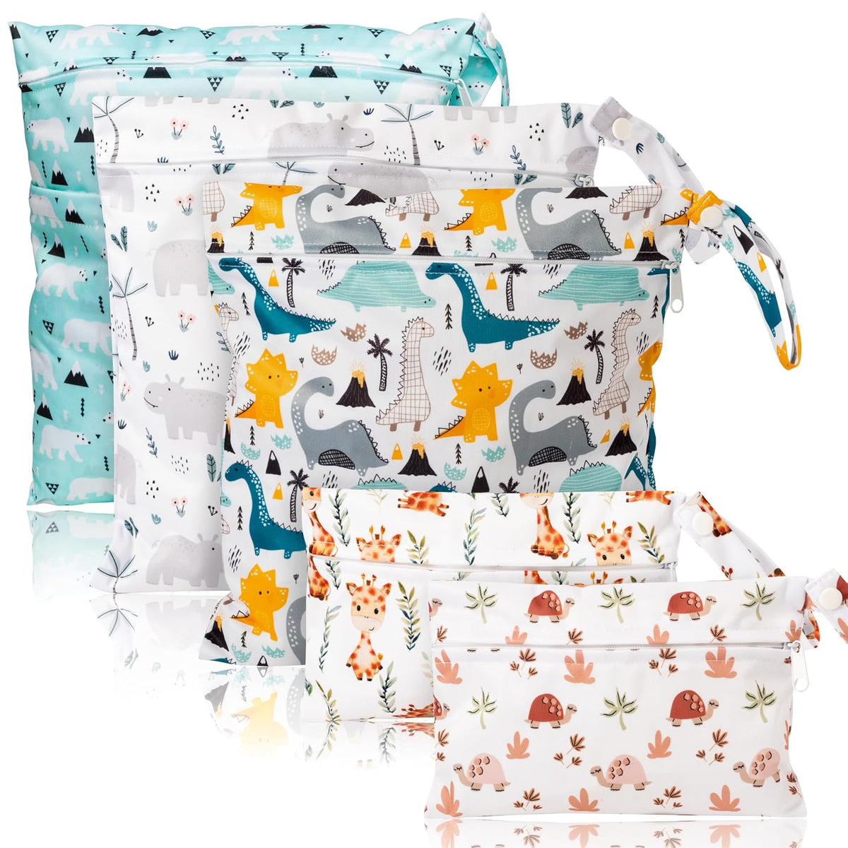 5Pcs Waterproof Reusable Diaper Baby Cloth Wet Dry Bags with 2 Zippered Pockets Travel Beach Pool Bag with Polar Bear Dinosaur Animal Alphabet Crocodile Pattern (3 Sizes)
