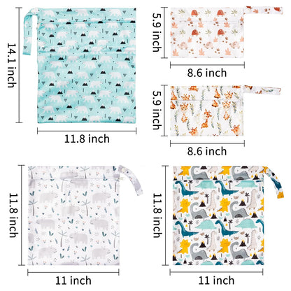 5Pcs Waterproof Reusable Diaper Baby Cloth Wet Dry Bags with 2 Zippered Pockets Travel Beach Pool Bag with Polar Bear Dinosaur Animal Alphabet Crocodile Pattern (3 Sizes)