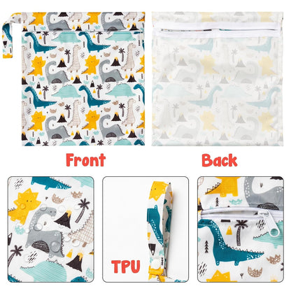 5Pcs Waterproof Reusable Diaper Baby Cloth Wet Dry Bags with 2 Zippered Pockets Travel Beach Pool Bag with Polar Bear Dinosaur Animal Alphabet Crocodile Pattern (3 Sizes)