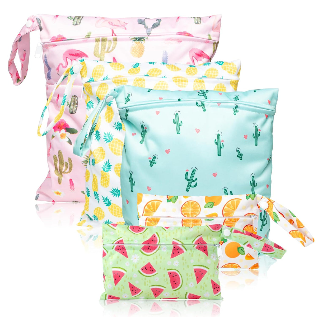 5Pcs Waterproof Reusable Diaper Baby Cloth Wet Dry Bags with 2 Zippered Pockets Travel Beach Pool Bag with Polar Bear Dinosaur Animal Alphabet Crocodile Pattern (3 Sizes)