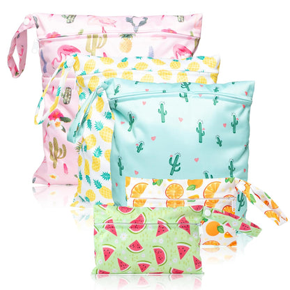 5Pcs Waterproof Reusable Diaper Baby Cloth Wet Dry Bags with 2 Zippered Pockets Travel Beach Pool Bag with Polar Bear Dinosaur Animal Alphabet Crocodile Pattern (3 Sizes)