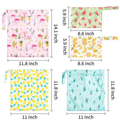5Pcs Waterproof Reusable Diaper Baby Cloth Wet Dry Bags with 2 Zippered Pockets Travel Beach Pool Bag with Polar Bear Dinosaur Animal Alphabet Crocodile Pattern (3 Sizes)
