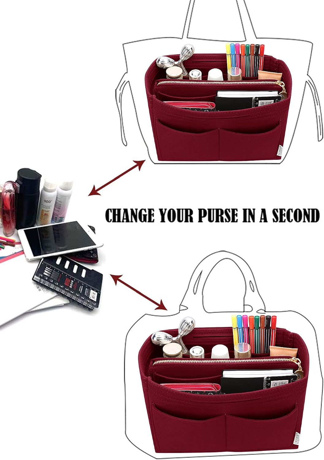 Felt Purse Organizer Insert, Tote Bag Shaper Dividers with 5 Sizes