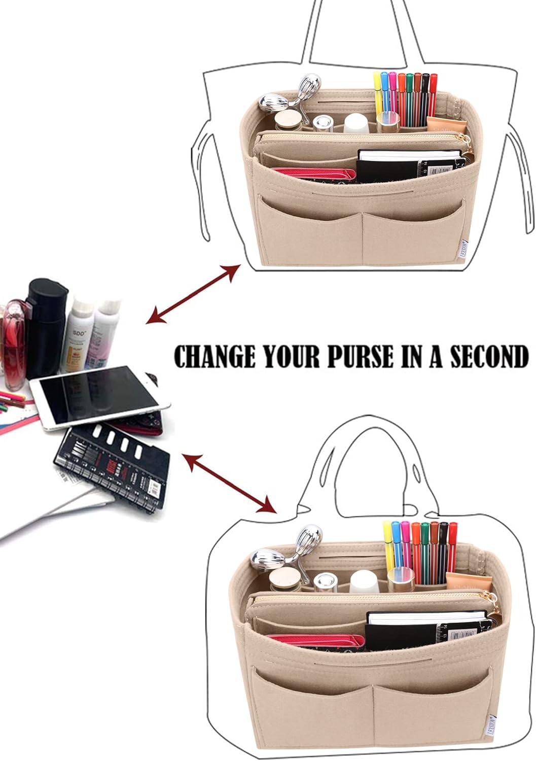 Felt Purse Organizer Insert, Tote Bag Shaper Dividers with 5 Sizes