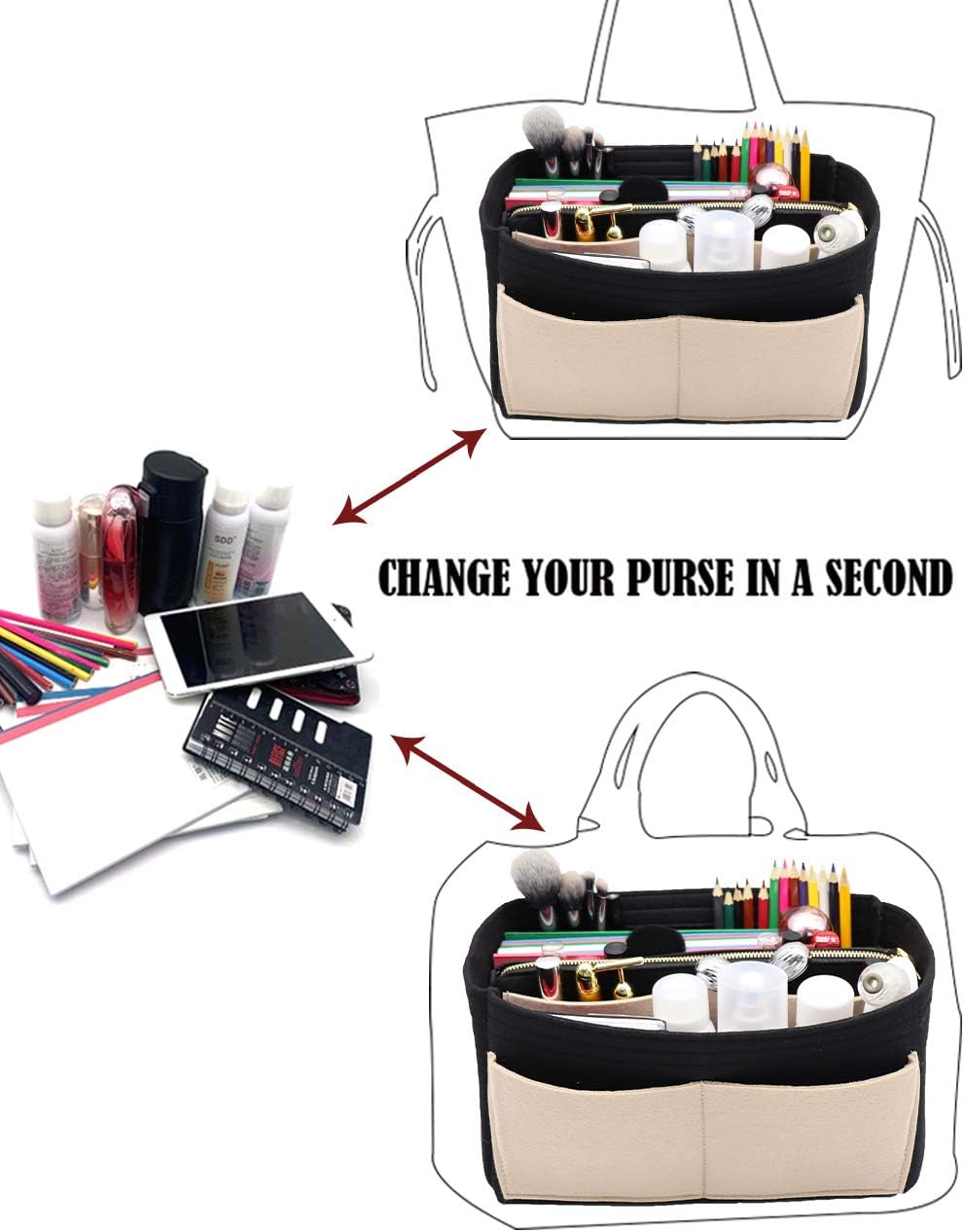 Felt Purse Organizer Insert, Tote Bag Shaper Dividers with 5 Sizes