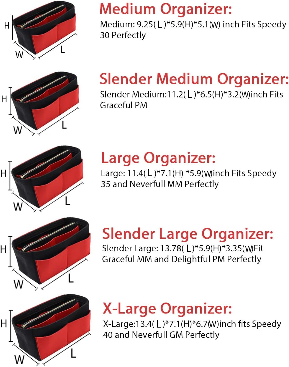 Felt Purse Organizer Insert, Tote Bag Shaper Dividers with 5 Sizes