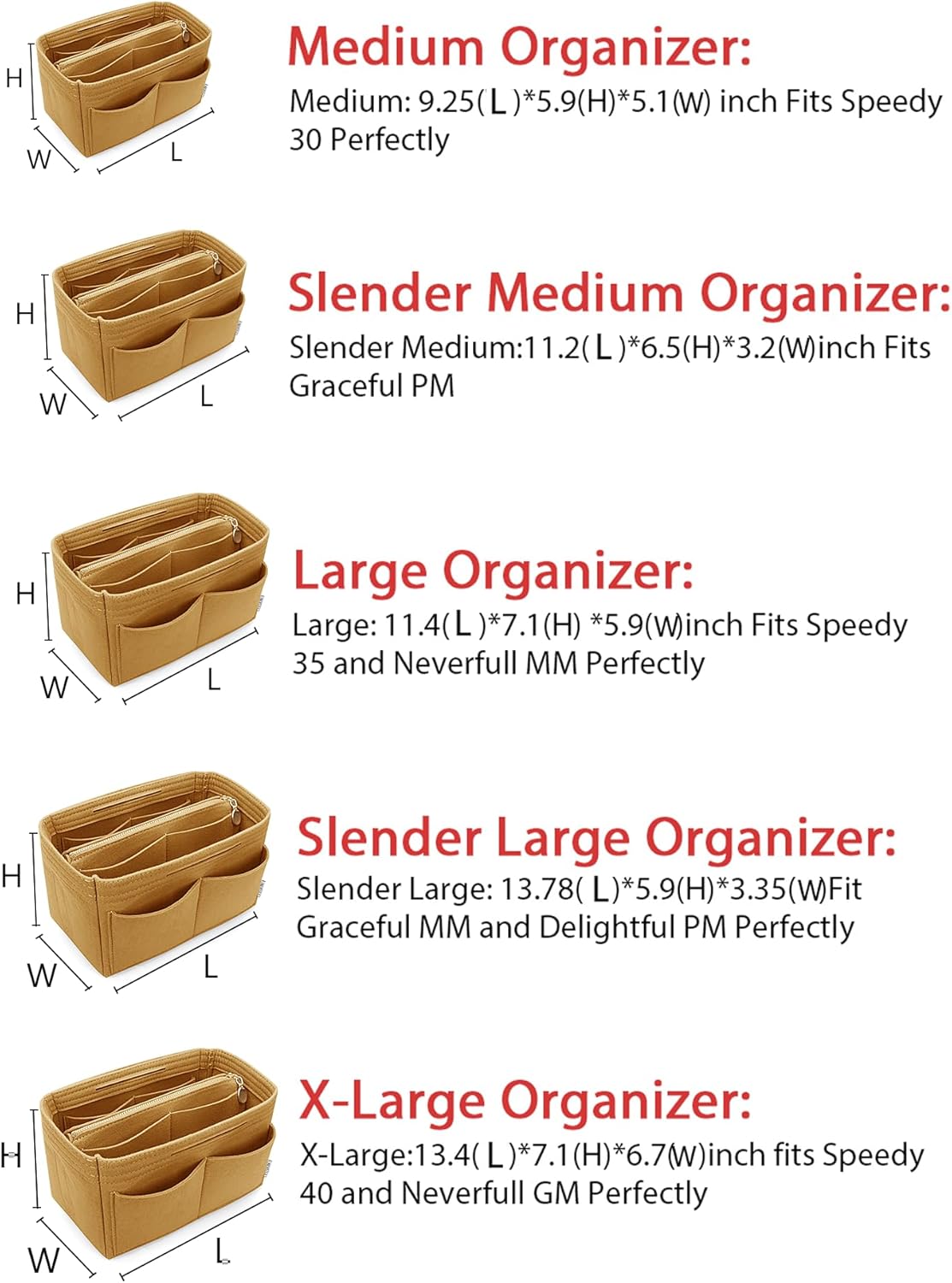 Felt Purse Organizer Insert, Tote Bag Shaper Dividers with 5 Sizes