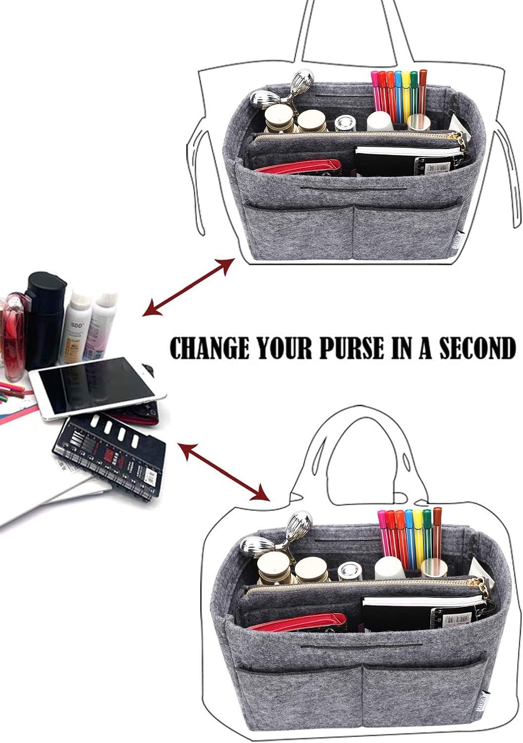 Felt Purse Organizer Insert, Tote Bag Shaper Dividers with 5 Sizes