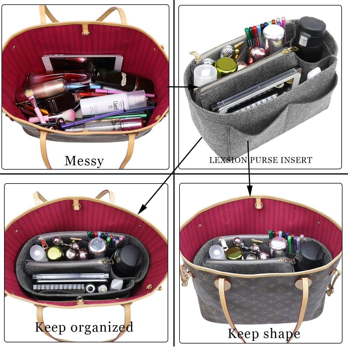 Felt Purse Organizer Insert, Tote Bag Shaper Dividers with 5 Sizes