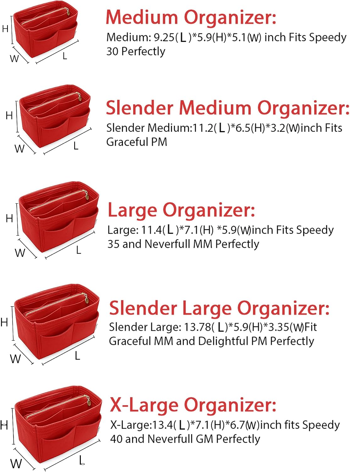 Felt Purse Organizer Insert, Tote Bag Shaper Dividers with 5 Sizes