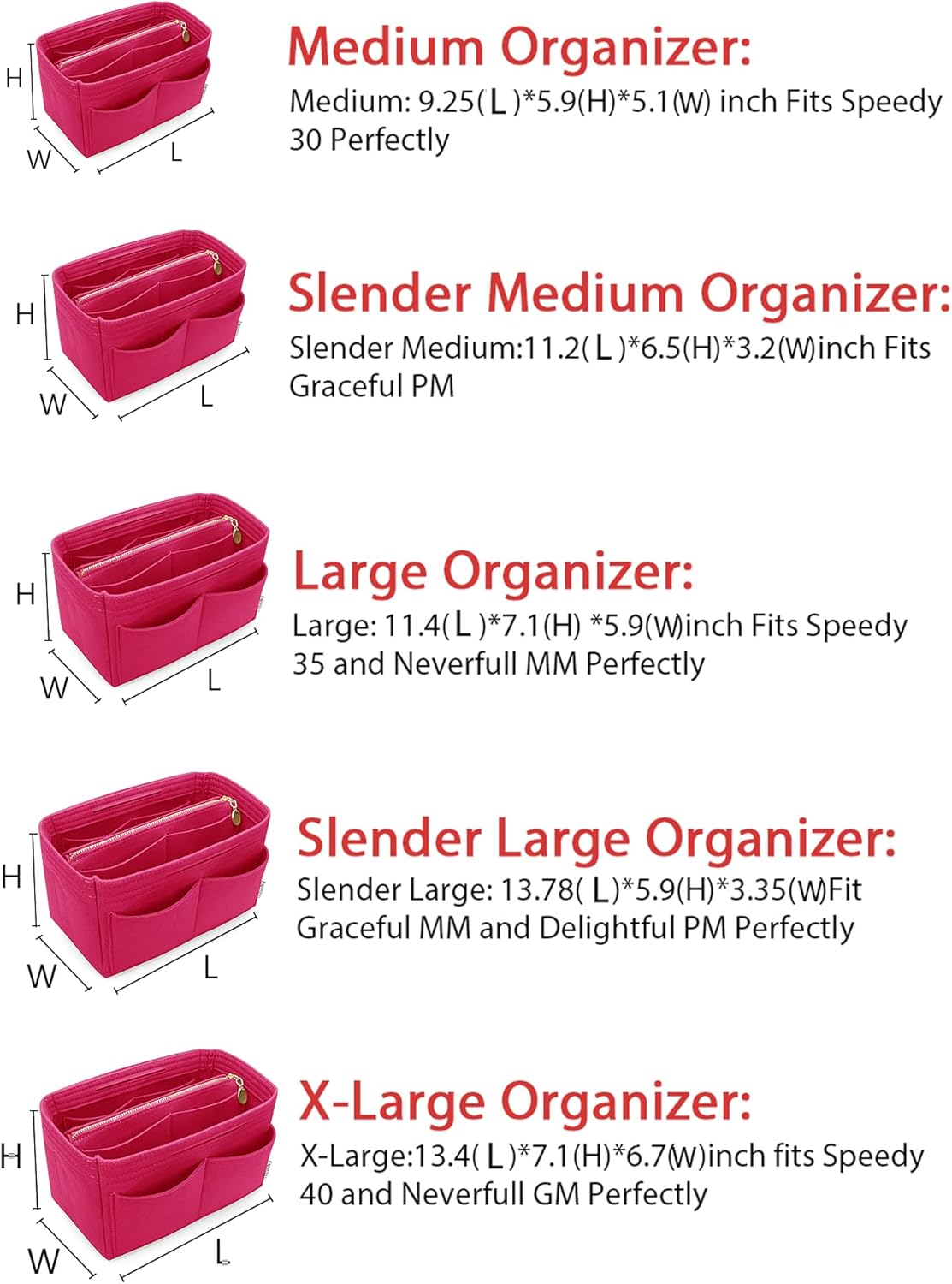 Felt Purse Organizer Insert, Tote Bag Shaper Dividers with 5 Sizes
