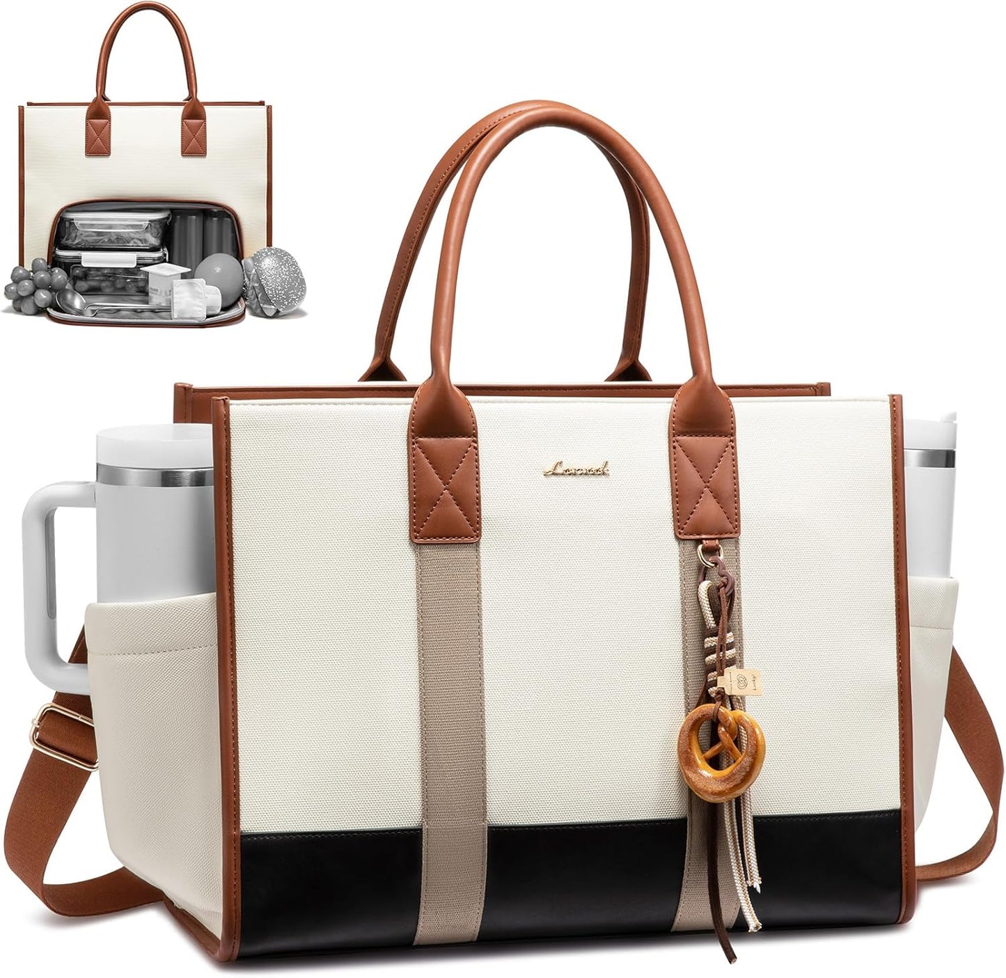 Work Tote Bag with Lunch Compartment with Giant Tumbler Holder,17 Inch Waterproof 3 in 1 Lunch Bag Women Men Laptop Bag Purse Tote with Padded Sleeve for Teacher,Nurse,College,Travel,Office
