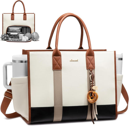 Work Tote Bag with Lunch Compartment with Giant Tumbler Holder,17 Inch Waterproof 3 in 1 Lunch Bag Women Men Laptop Bag Purse Tote with Padded Sleeve for Teacher,Nurse,College,Travel,Office