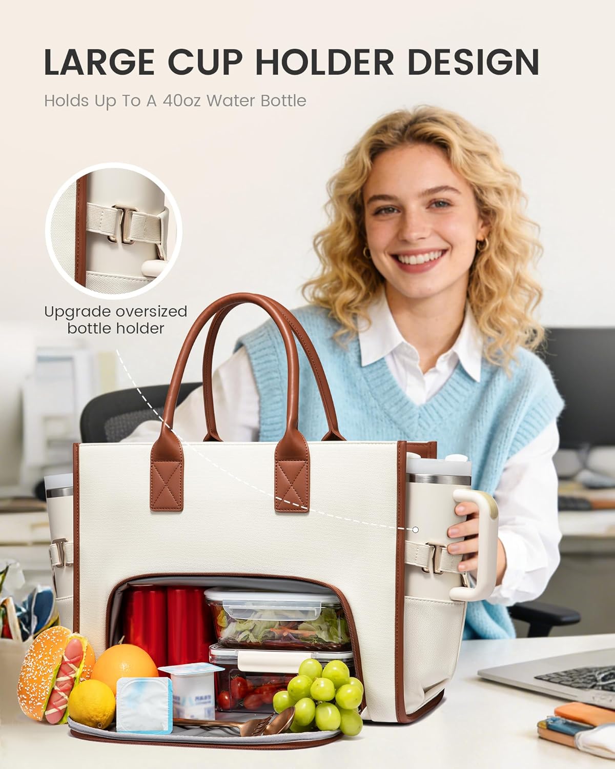 Work Tote Bag with Lunch Compartment with Giant Tumbler Holder,17 Inch Waterproof 3 in 1 Lunch Bag Women Men Laptop Bag Purse Tote with Padded Sleeve for Teacher,Nurse,College,Travel,Office
