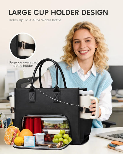 Work Tote Bag with Lunch Compartment with Giant Tumbler Holder,17 Inch Waterproof 3 in 1 Lunch Bag Women Men Laptop Bag Purse Tote with Padded Sleeve for Teacher,Nurse,College,Travel,Office