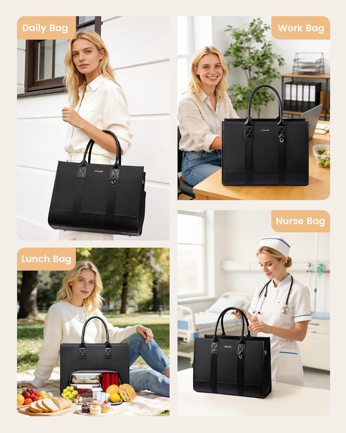 Work Tote Bag with Lunch Compartment with Giant Tumbler Holder,17 Inch Waterproof 3 in 1 Lunch Bag Women Men Laptop Bag Purse Tote with Padded Sleeve for Teacher,Nurse,College,Travel,Office