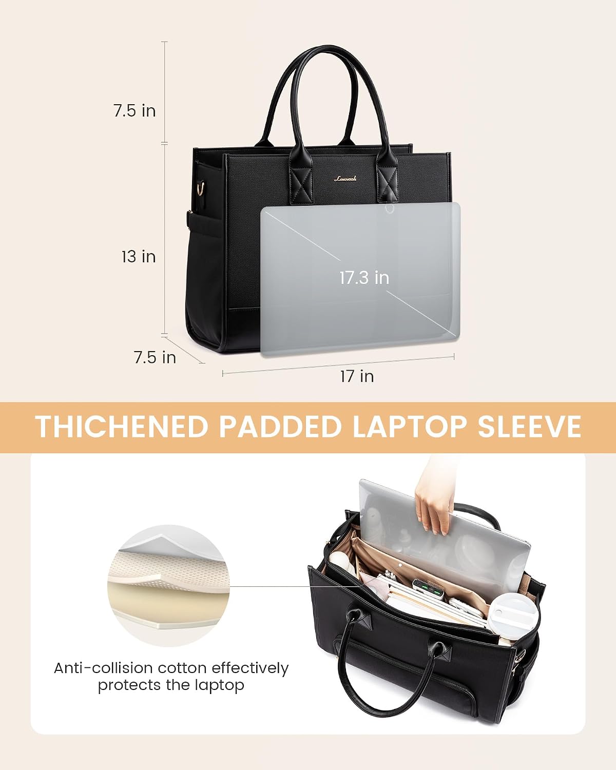 Work Tote Bag with Lunch Compartment with Giant Tumbler Holder,17 Inch Waterproof 3 in 1 Lunch Bag Women Men Laptop Bag Purse Tote with Padded Sleeve for Teacher,Nurse,College,Travel,Office