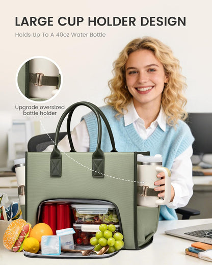 Work Tote Bag with Lunch Compartment with Giant Tumbler Holder,17 Inch Waterproof 3 in 1 Lunch Bag Women Men Laptop Bag Purse Tote with Padded Sleeve for Teacher,Nurse,College,Travel,Office