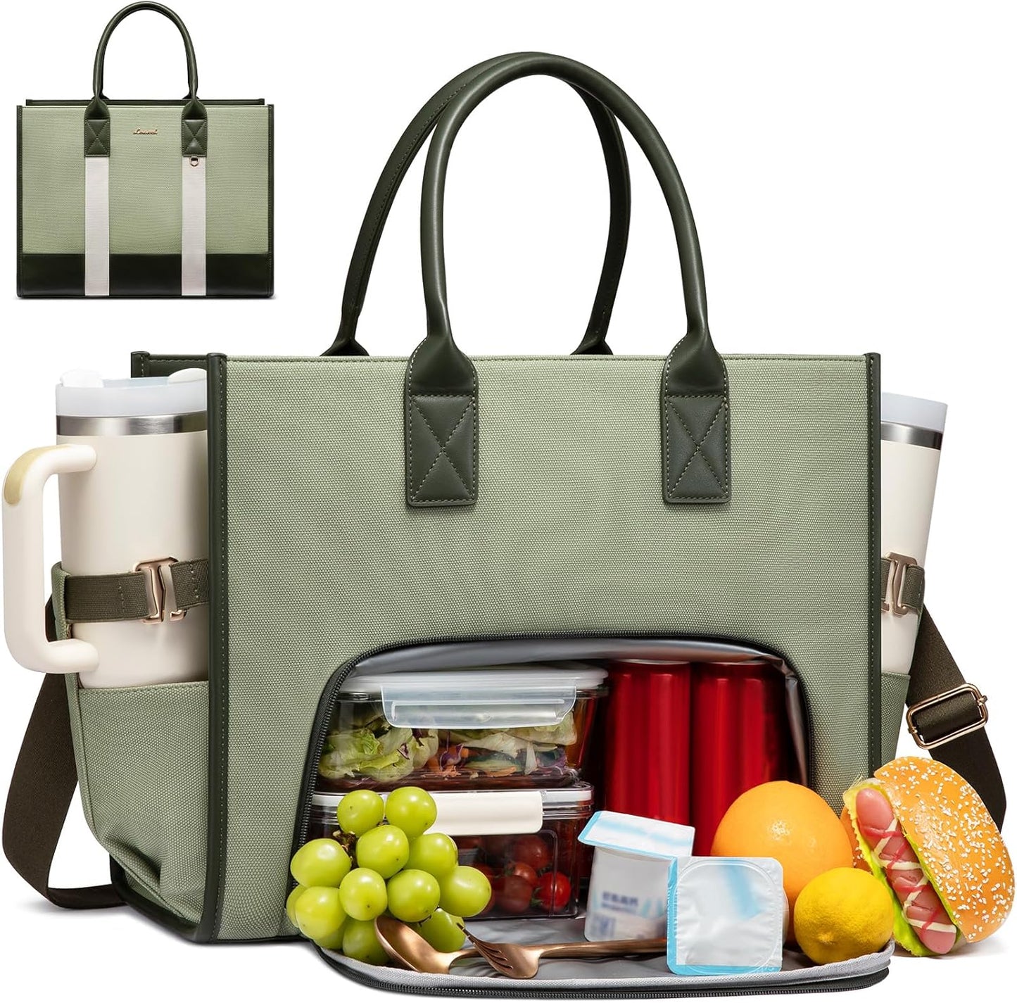 Work Tote Bag with Lunch Compartment with Giant Tumbler Holder,17 Inch Waterproof 3 in 1 Lunch Bag Women Men Laptop Bag Purse Tote with Padded Sleeve for Teacher,Nurse,College,Travel,Office
