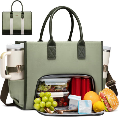 Work Tote Bag with Lunch Compartment with Giant Tumbler Holder,17 Inch Waterproof 3 in 1 Lunch Bag Women Men Laptop Bag Purse Tote with Padded Sleeve for Teacher,Nurse,College,Travel,Office