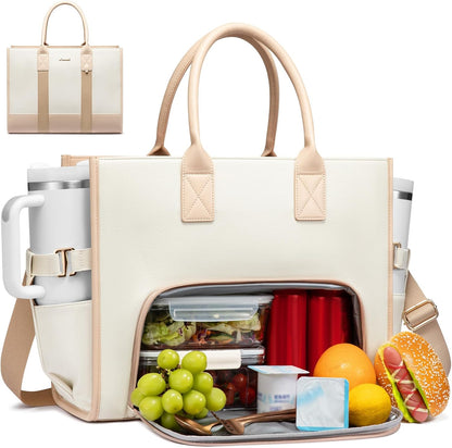 Work Tote Bag with Lunch Compartment with Giant Tumbler Holder,17 Inch Waterproof 3 in 1 Lunch Bag Women Men Laptop Bag Purse Tote with Padded Sleeve for Teacher,Nurse,College,Travel,Office