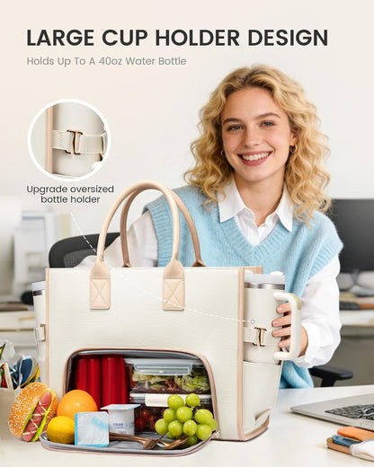 Work Tote Bag with Lunch Compartment with Giant Tumbler Holder,17 Inch Waterproof 3 in 1 Lunch Bag Women Men Laptop Bag Purse Tote with Padded Sleeve for Teacher,Nurse,College,Travel,Office