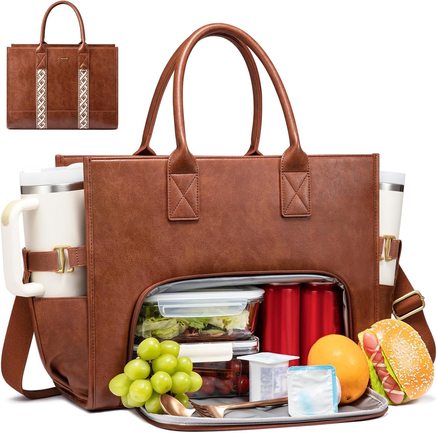 Work Tote Bag with Lunch Compartment with Giant Tumbler Holder,17 Inch Waterproof 3 in 1 Lunch Bag Women Men Laptop Bag Purse Tote with Padded Sleeve for Teacher,Nurse,College,Travel,Office