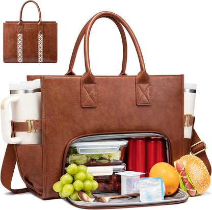 Work Tote Bag with Lunch Compartment with Giant Tumbler Holder,17 Inch Waterproof 3 in 1 Lunch Bag Women Men Laptop Bag Purse Tote with Padded Sleeve for Teacher,Nurse,College,Travel,Office