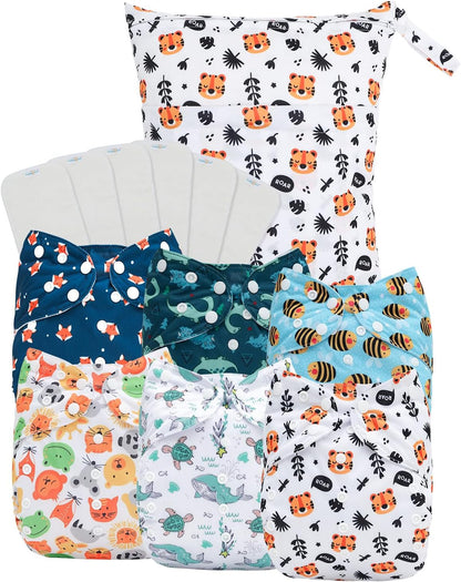 Boho Newborn Cloth Diapers Pack of 13 for 5-12lbs Preemie, Cloth Diaper Covers 6 Pack with 6pcs Inserts and Wet Bag, Reusable Washable & Waterproof