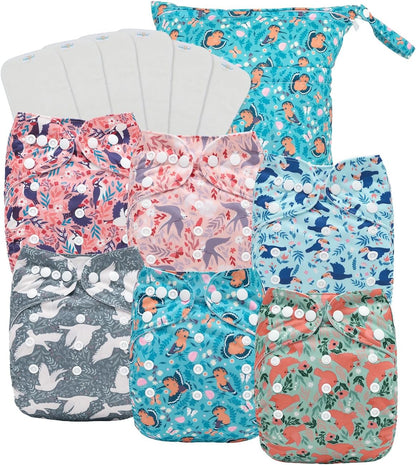 Boho Newborn Cloth Diapers Pack of 13 for 5-12lbs Preemie, Cloth Diaper Covers 6 Pack with 6pcs Inserts and Wet Bag, Reusable Washable & Waterproof