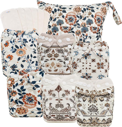 Boho Newborn Cloth Diapers Pack of 13 for 5-12lbs Preemie, Cloth Diaper Covers 6 Pack with 6pcs Inserts and Wet Bag, Reusable Washable & Waterproof
