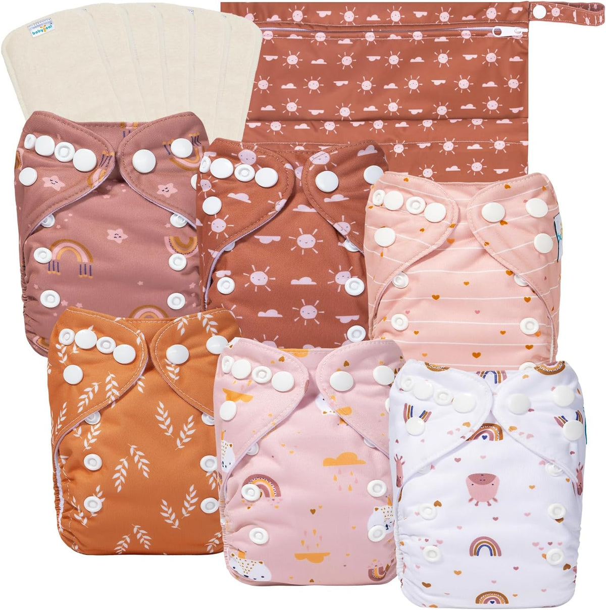 Boho Newborn Cloth Diapers Pack of 13 for 5-12lbs Preemie, Cloth Diaper Covers 6 Pack with 6pcs Inserts and Wet Bag, Reusable Washable & Waterproof