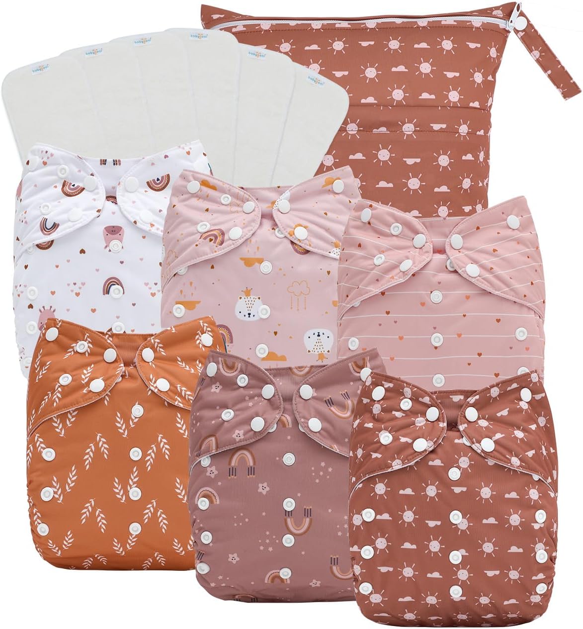 Boho Newborn Cloth Diapers Pack of 13 for 5-12lbs Preemie, Cloth Diaper Covers 6 Pack with 6pcs Inserts and Wet Bag, Reusable Washable & Waterproof