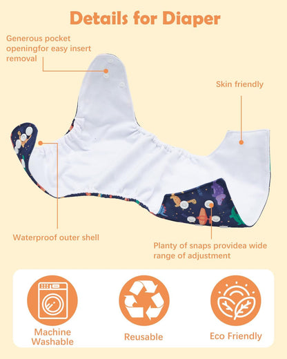 Boho Newborn Cloth Diapers Pack of 13 for 5-12lbs Preemie, Cloth Diaper Covers 6 Pack with 6pcs Inserts and Wet Bag, Reusable Washable & Waterproof