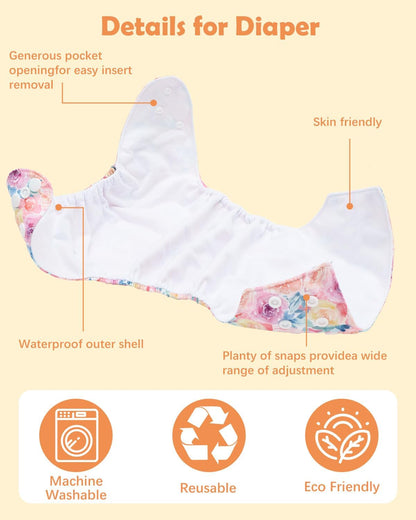 Boho Newborn Cloth Diapers Pack of 13 for 5-12lbs Preemie, Cloth Diaper Covers 6 Pack with 6pcs Inserts and Wet Bag, Reusable Washable & Waterproof