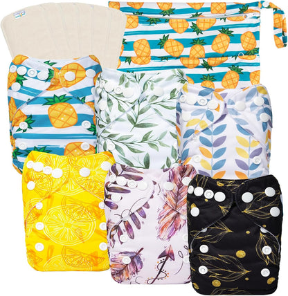 Boho Newborn Cloth Diapers Pack of 13 for 5-12lbs Preemie, Cloth Diaper Covers 6 Pack with 6pcs Inserts and Wet Bag, Reusable Washable & Waterproof