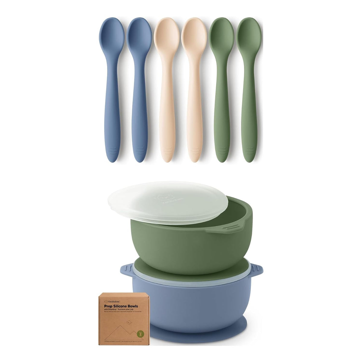 6-Pack Silicone Baby Spoons and 2-Pack Baby Bowls with Suctions and Lids - Toddler First Food Training Spoon, Silicone Suction Bowls for Boy, Girl