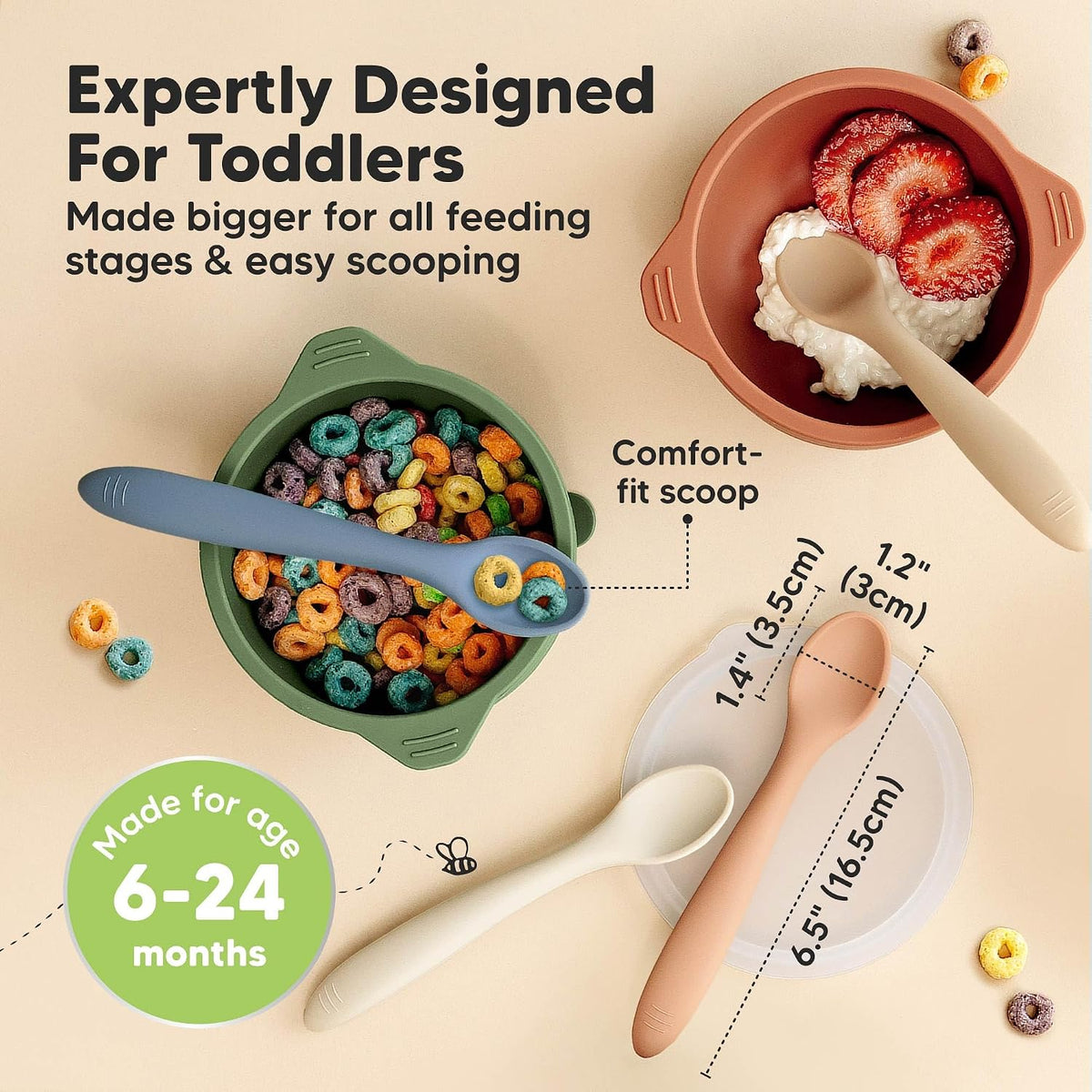6-Pack Silicone Baby Spoons and 2-Pack Baby Bowls with Suctions and Lids - Toddler First Food Training Spoon, Silicone Suction Bowls for Boy, Girl