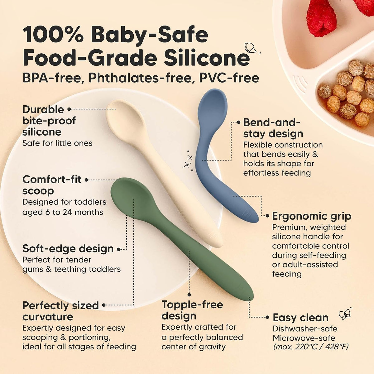 6-Pack Silicone Baby Spoons and 2-Pack Baby Bowls with Suctions and Lids - Toddler First Food Training Spoon, Silicone Suction Bowls for Boy, Girl