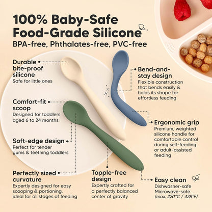 6-Pack Silicone Baby Spoons and 2-Pack Baby Bowls with Suctions and Lids - Toddler First Food Training Spoon, Silicone Suction Bowls for Boy, Girl